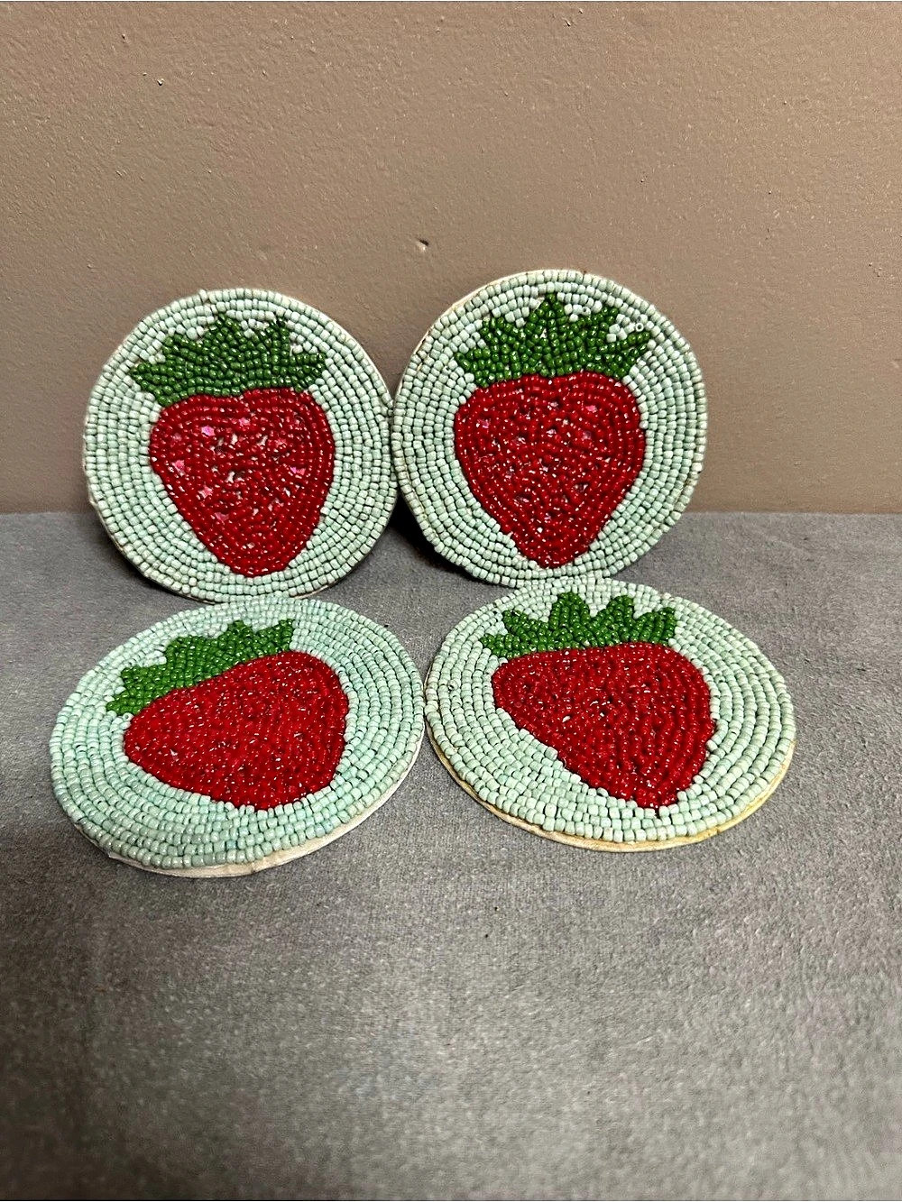 Market Square Strawberry Beaded Coaster Set of 4 Red & Green